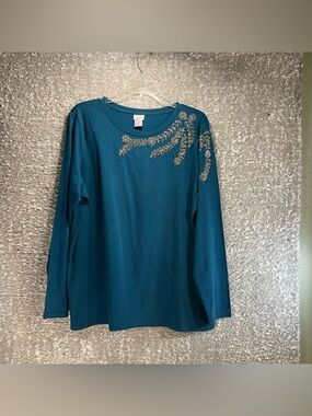 Chico's Women's Size 3, Xl Embellished Blouse Long Sleeve Cotton Cozy Green Blue